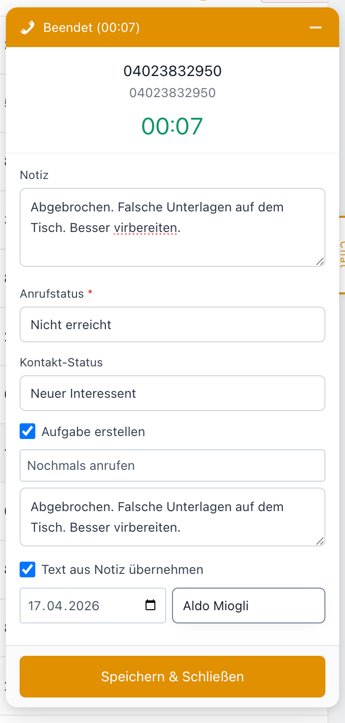 Anruf-Widget nach Gesprächsende mit Notiz und Aufgabe