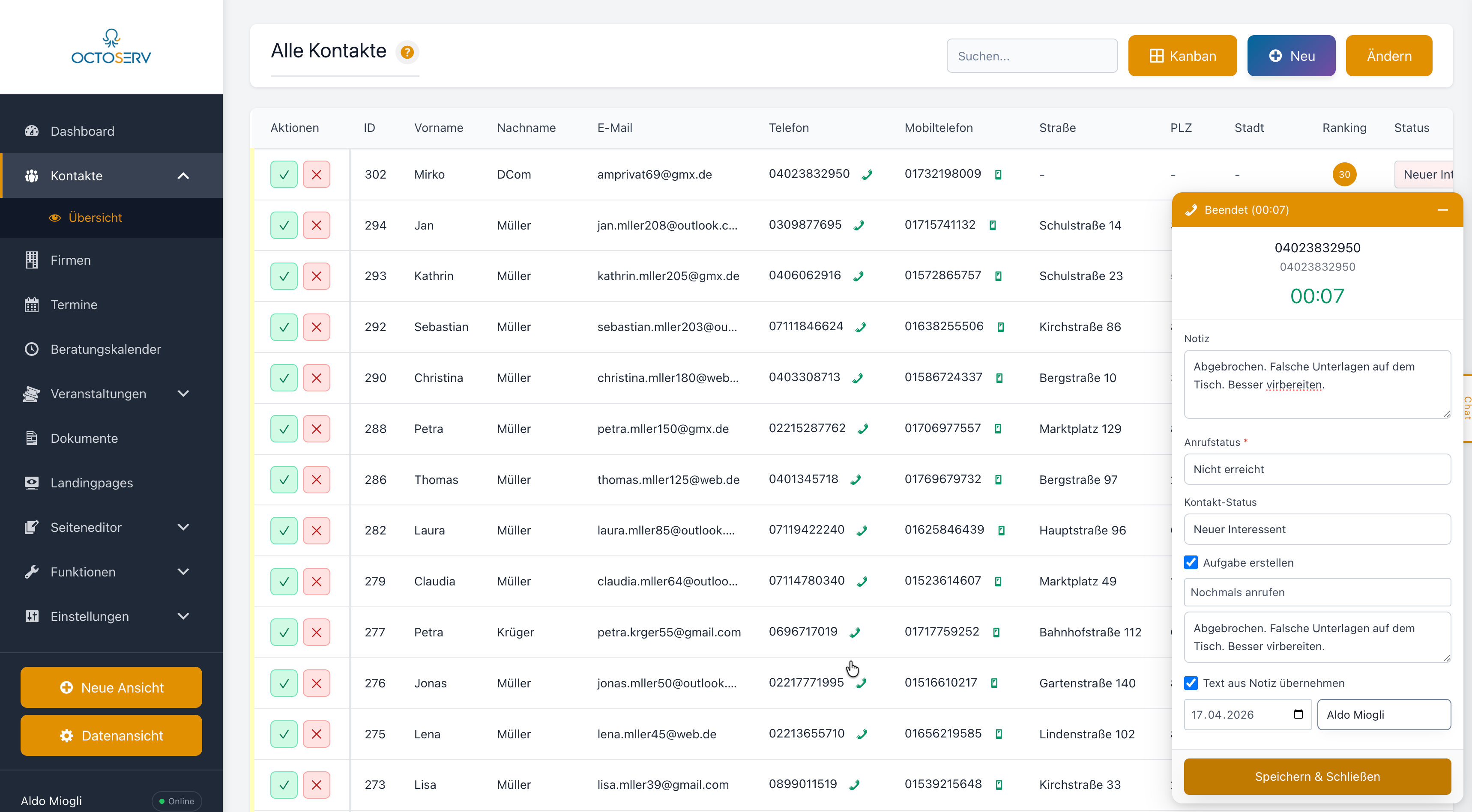 Anruf-Widget in der Kontaktliste