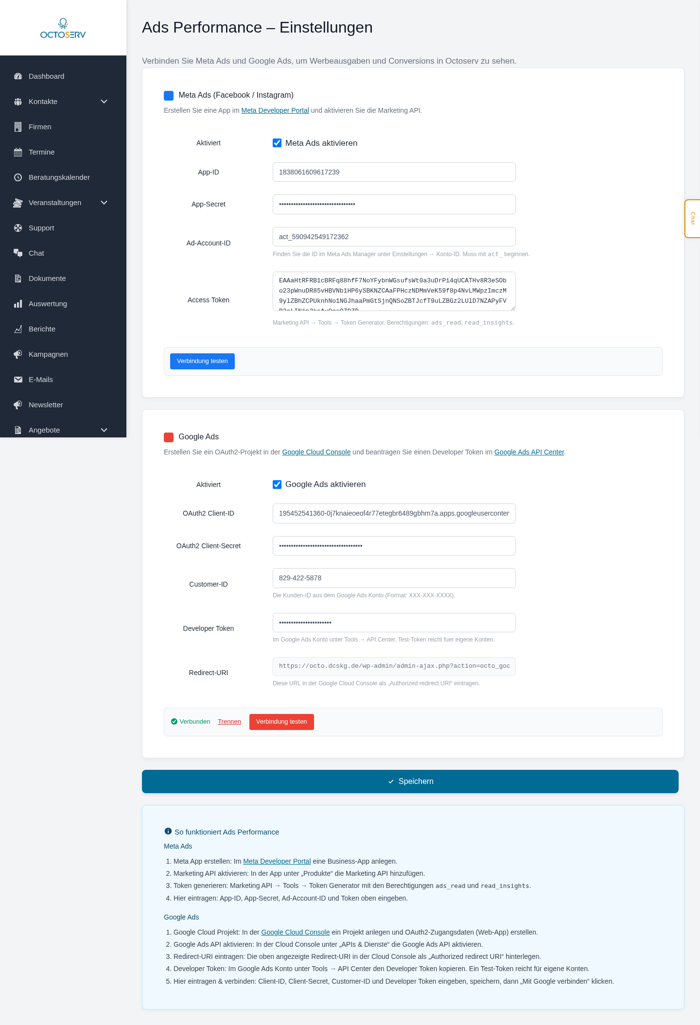 Ads Performance Einstellungen