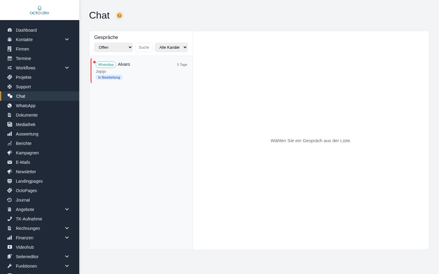 Chat-Seite mit Gespr&auml;chsliste links und leerem Gespr&auml;chsbereich rechts
