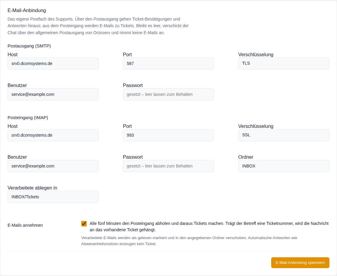 Abschnitt E-Mail-Anbindung mit Postausgang SMTP und Posteingang IMAP