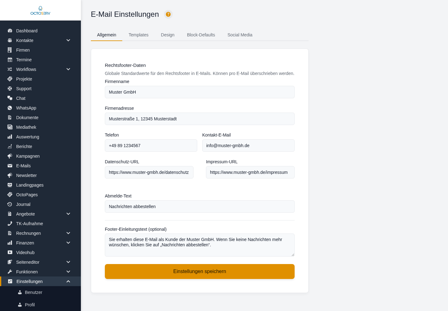 Reiter Allgemein mit den Feldern Firmenname, Firmenadresse, Telefon, Kontakt-E-Mail, Datenschutz-URL, Impressum-URL, Abmelde-Text und Footer-Einleitungstext