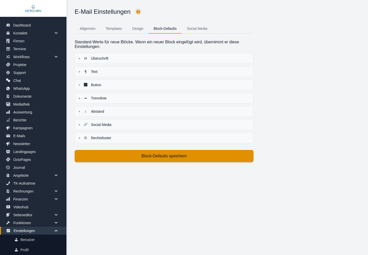 Reiter Block-Defaults mit aufklappbaren Gruppen f&uuml;r &Uuml;berschrift, Text, Button, Trennlinie, Abstand, Social Media und Rechtsfooter