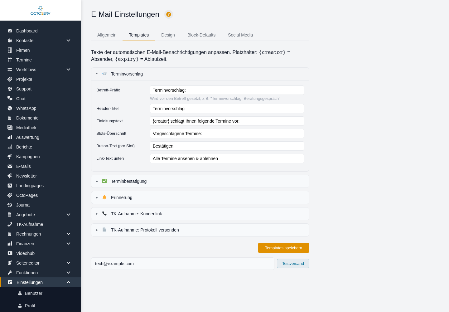 Reiter Templates mit den aufklappbaren Vorlagen Terminvorschlag, Terminbest&auml;tigung, Erinnerung, TK-Aufnahme Kundenlink und TK-Aufnahme Protokoll