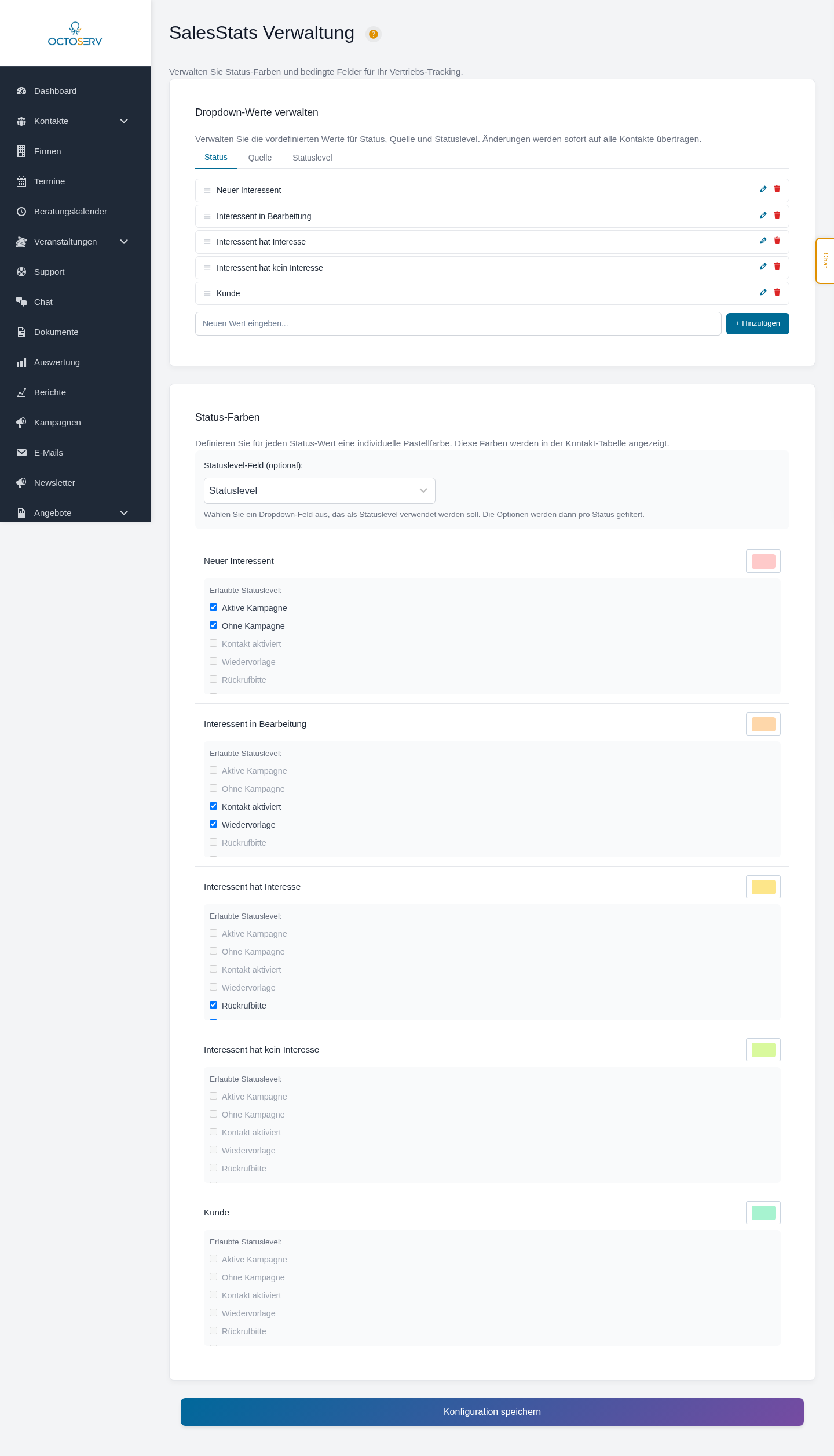 SalesStats Dropdown-Verwaltung