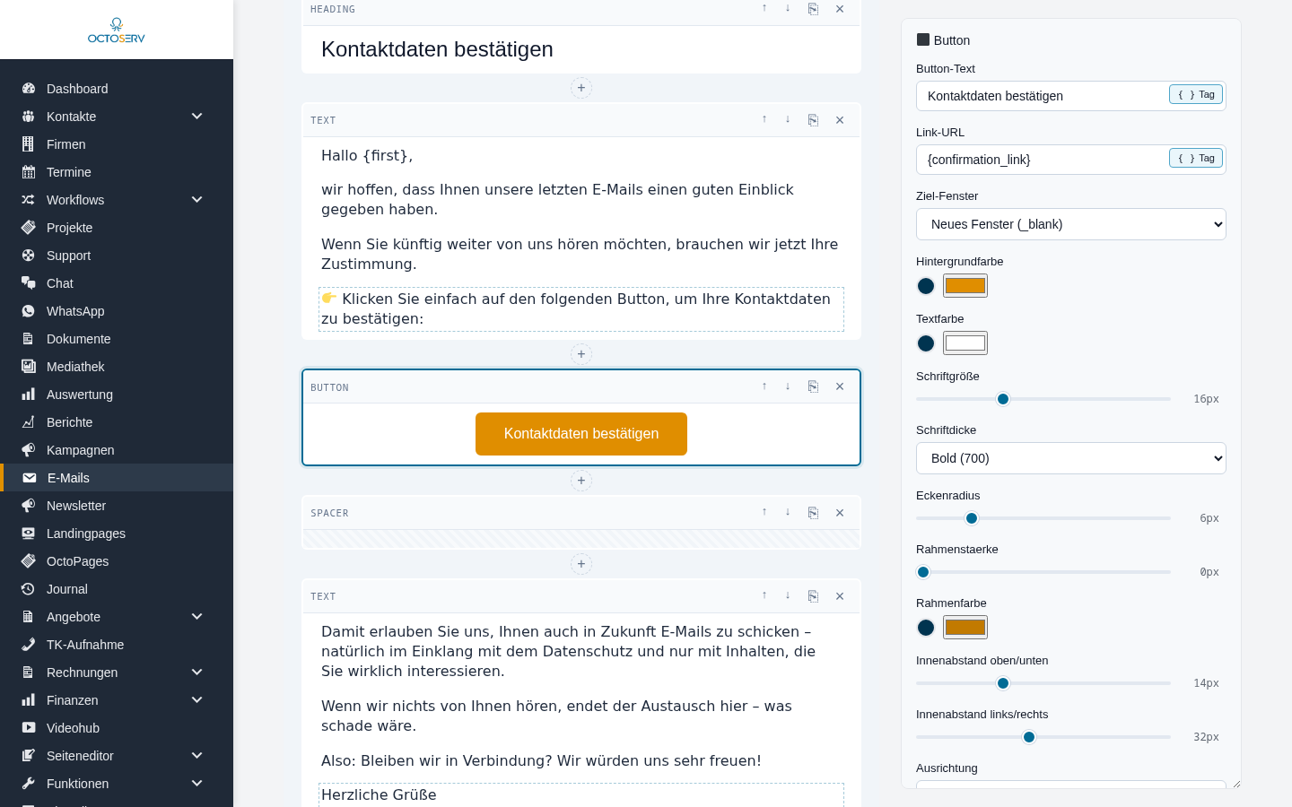 Gew&auml;hlter Button-Block mit seinen Feldern rechts: Button-Text, Link-URL, Farben, Schriftgr&ouml;&szlig;e, Eckenradius