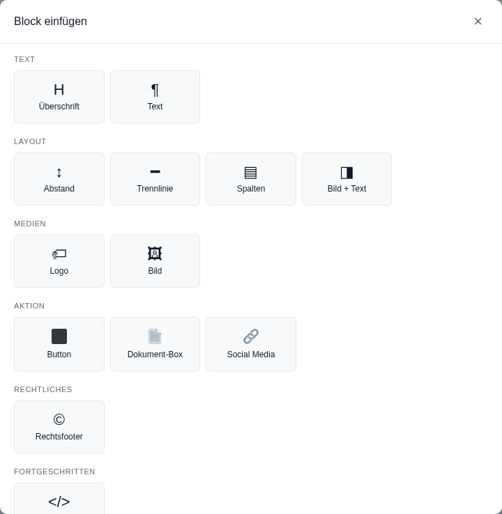 Blockauswahl mit den Gruppen Text, Layout, Medien, Aktion, Rechtliches, Fortgeschritten