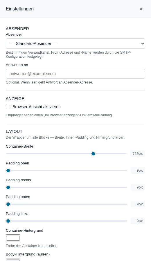 Panel Einstellungen mit Absender, Anzeige und Layout