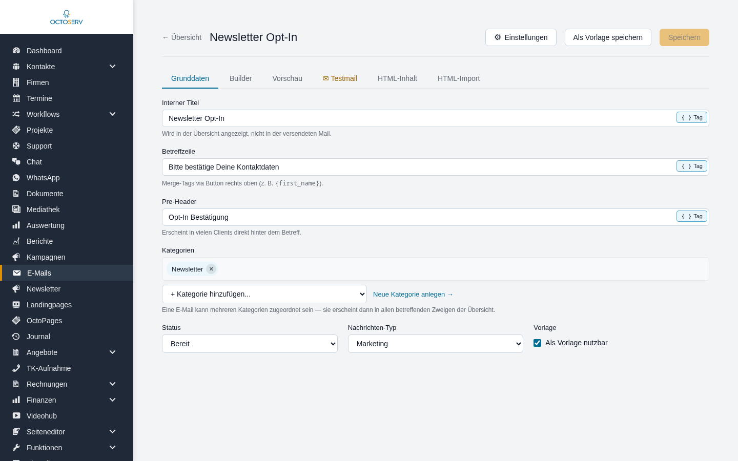 Reiter Grunddaten mit Interner Titel, Betreffzeile, Pre-Header, Kategorien, Status, Nachrichten-Typ und Vorlage