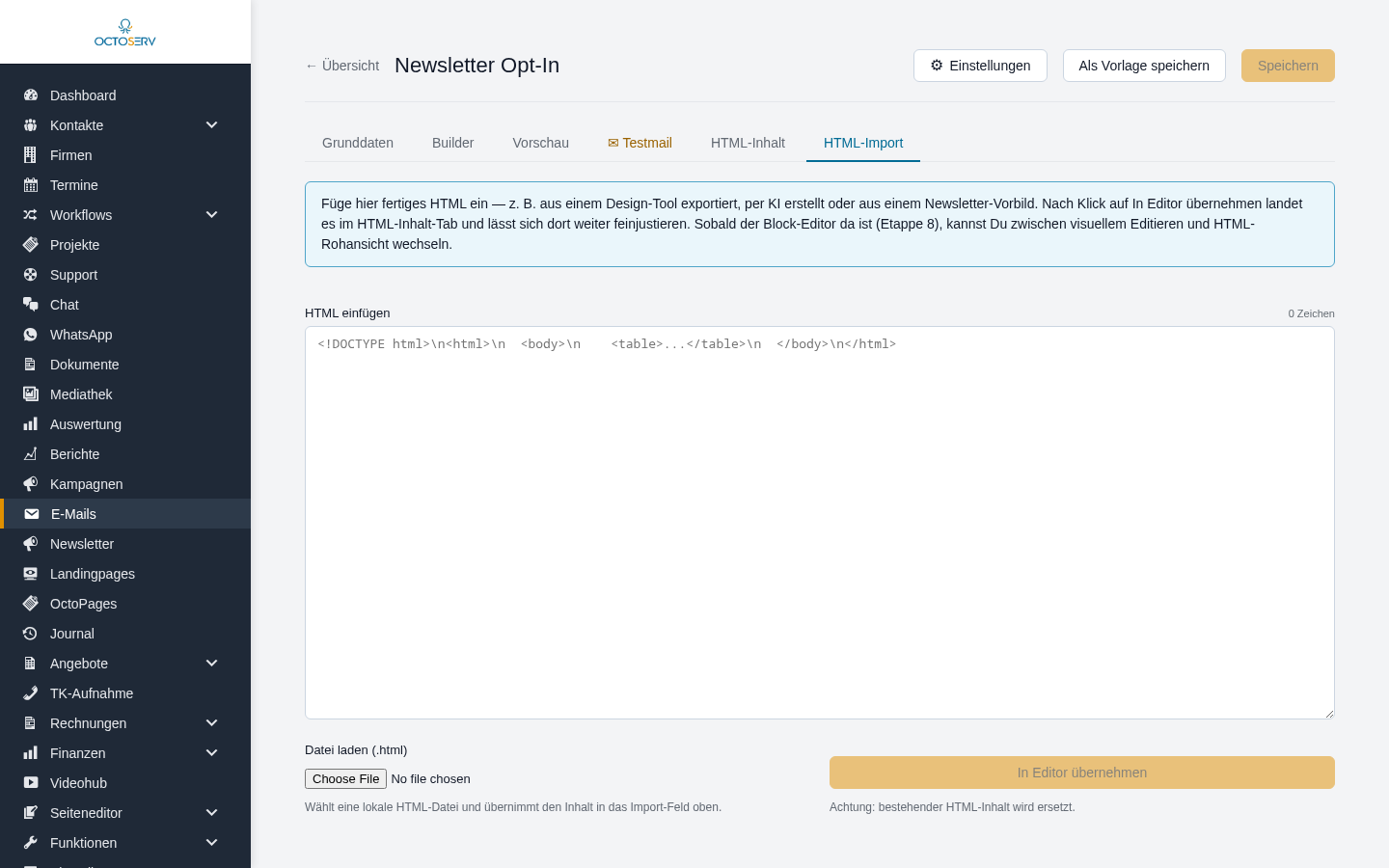 Reiter HTML-Import mit Textfeld, Datei laden und In Editor &uuml;bernehmen