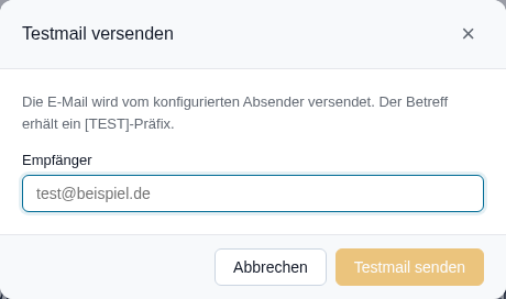 Dialog Testmail versenden mit Empf&auml;ngerfeld