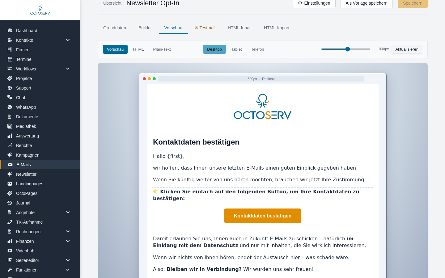 Reiter Vorschau mit der E-Mail in einem Desktop-Rahmen und den Umschaltern Desktop, Tablet, Telefon