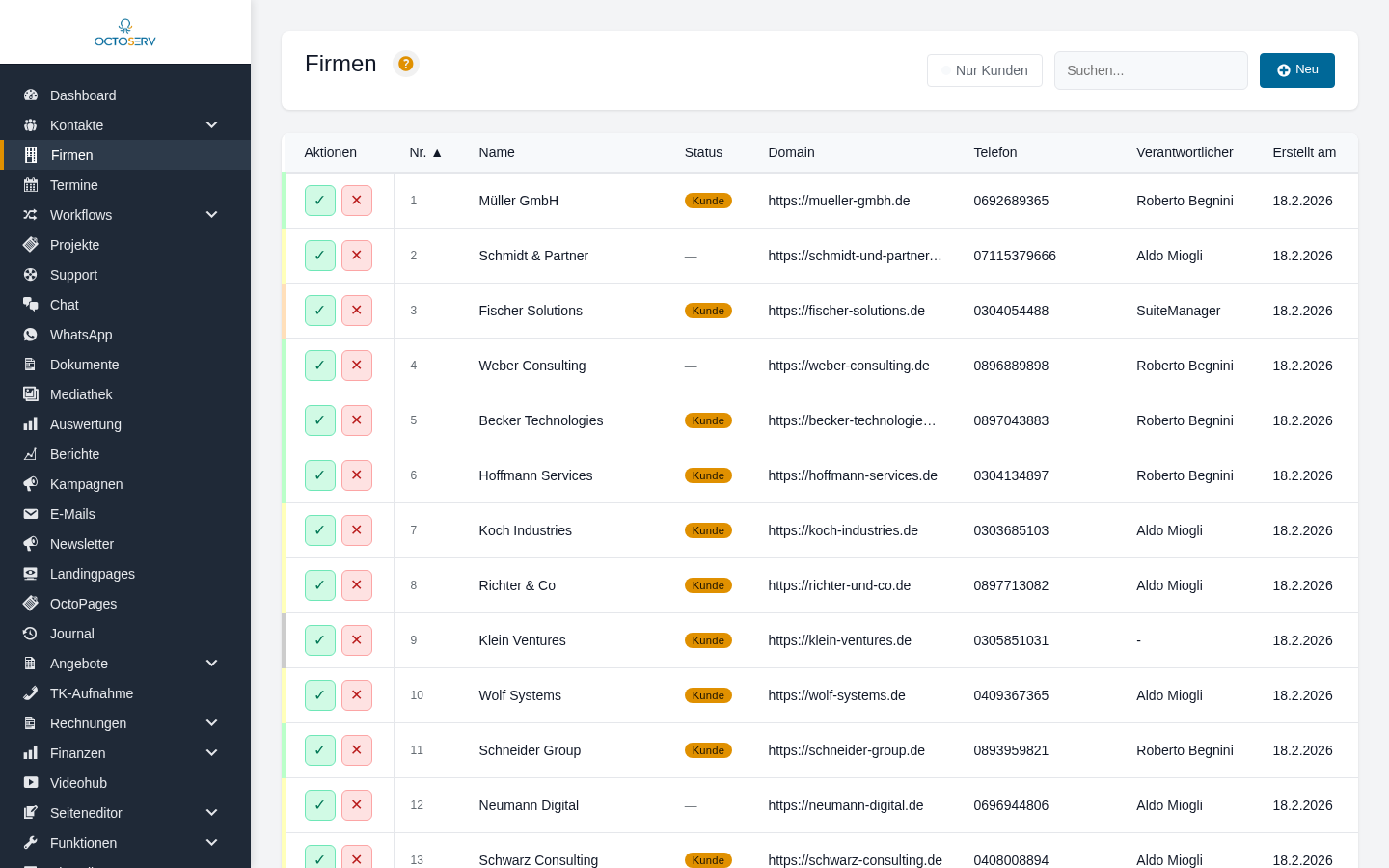 Firmenliste mit Werkzeugleiste und Tabelle