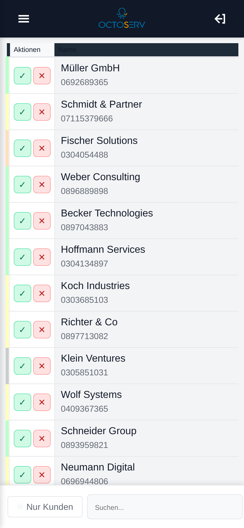Firmenliste auf dem Smartphone mit Name und Telefonnummer je Firma