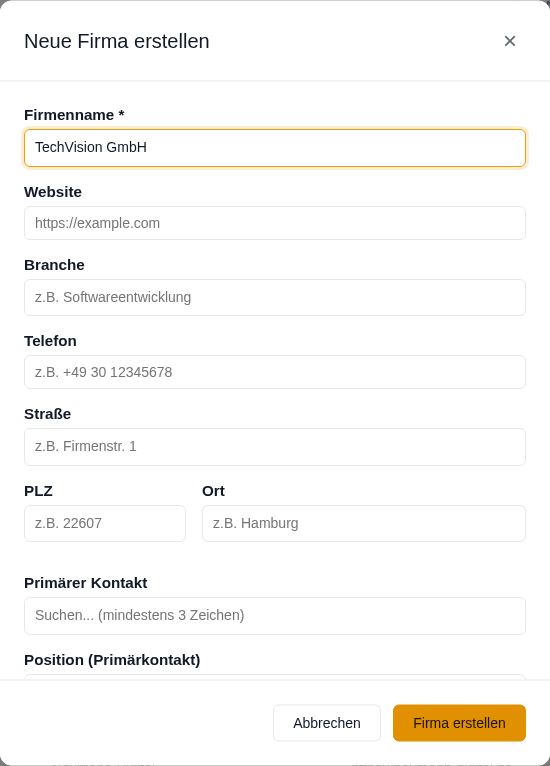 Dialog Neue Firma erstellen mit den Feldern Firmenname, Website, Branche, Telefon, Adresse und Prim&auml;rer Kontakt
