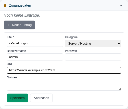 Formular f&uuml;r einen neuen Zugangsdaten-Eintrag mit Titel, Kategorie, Benutzername, Passwort, URL und Notizen