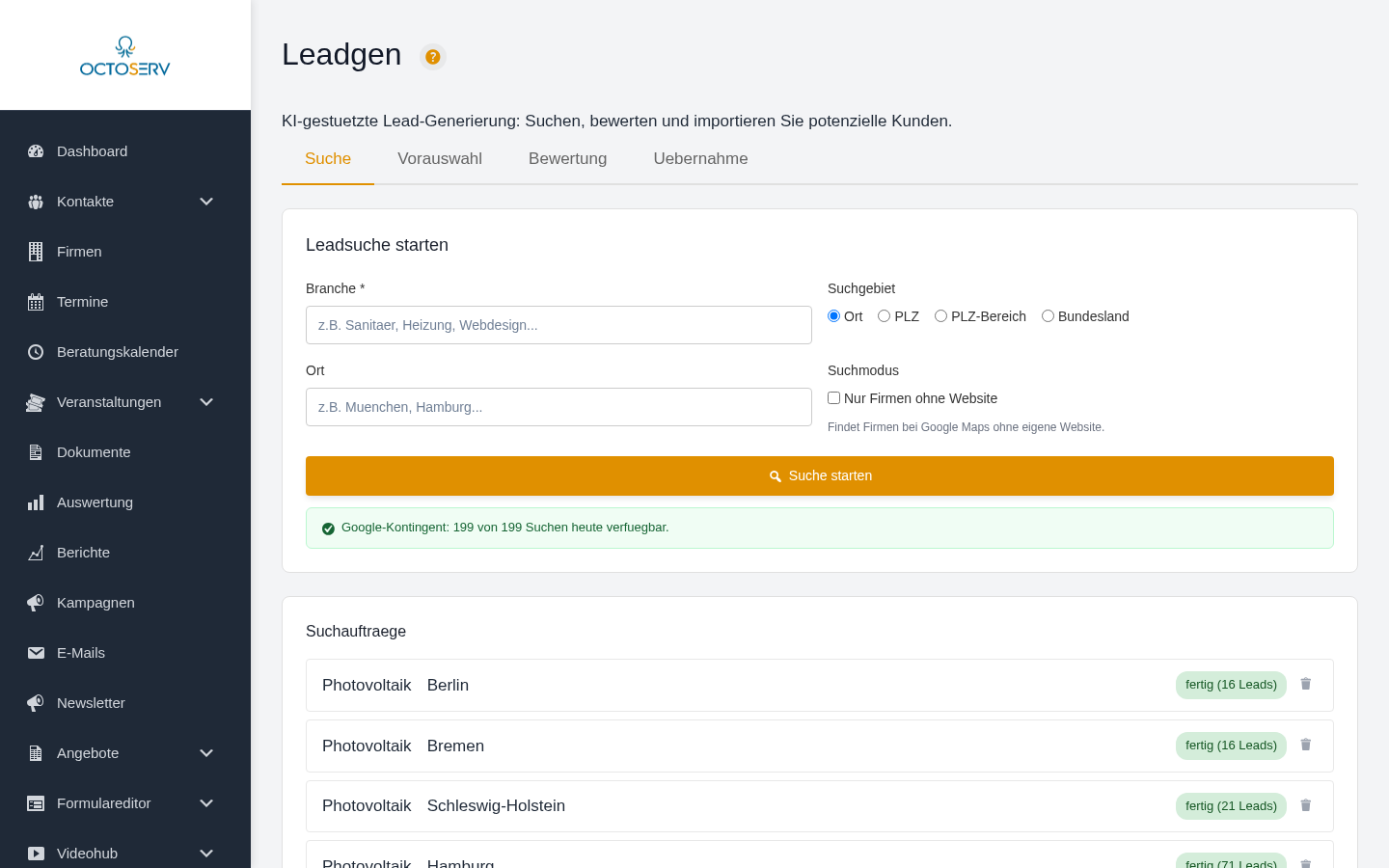Leadgen-Dialog mit den 4 Tabs