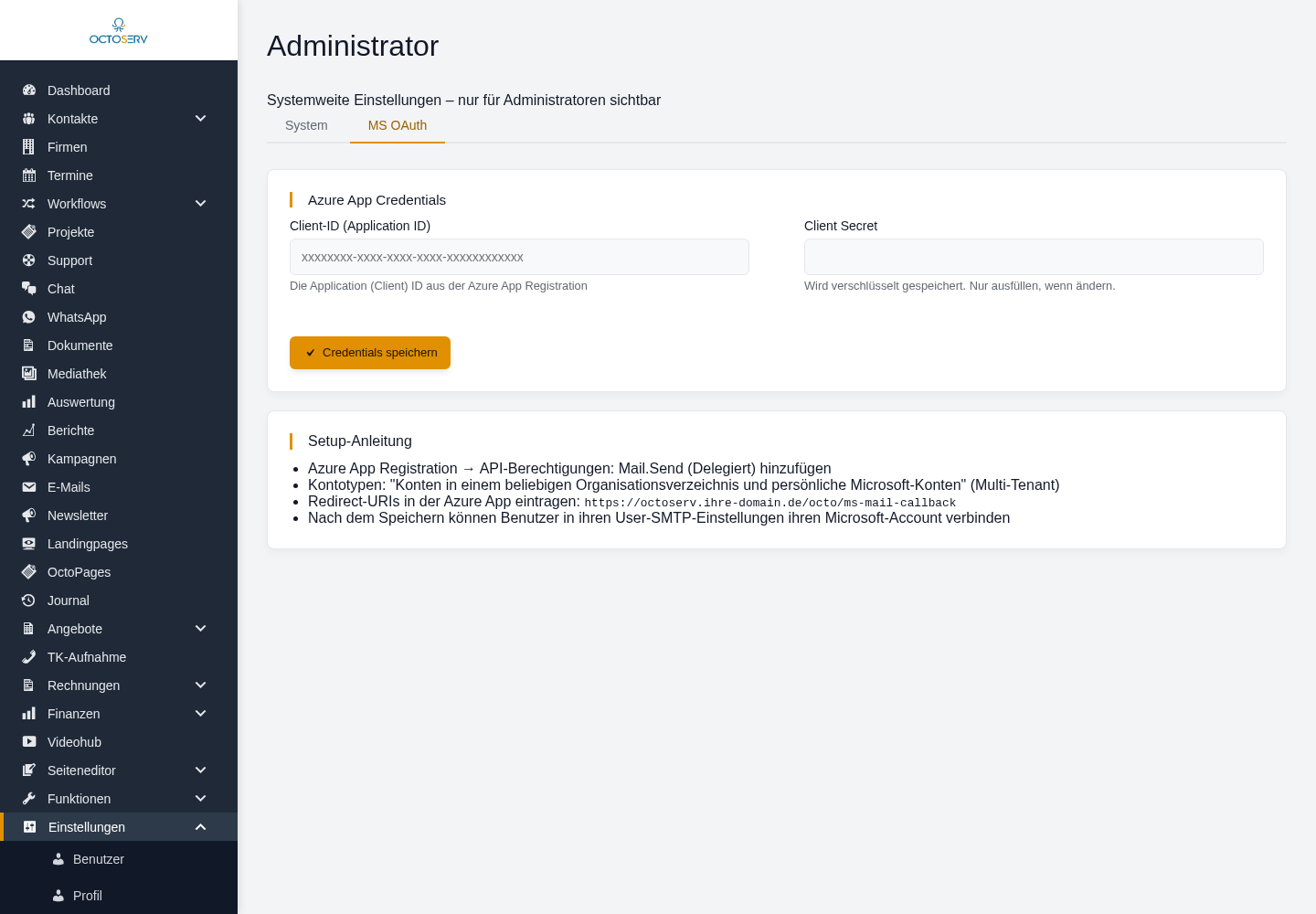 Reiter MS OAuth im Administrator-Dialog mit Client-ID, Client Secret und Setup-Anleitung