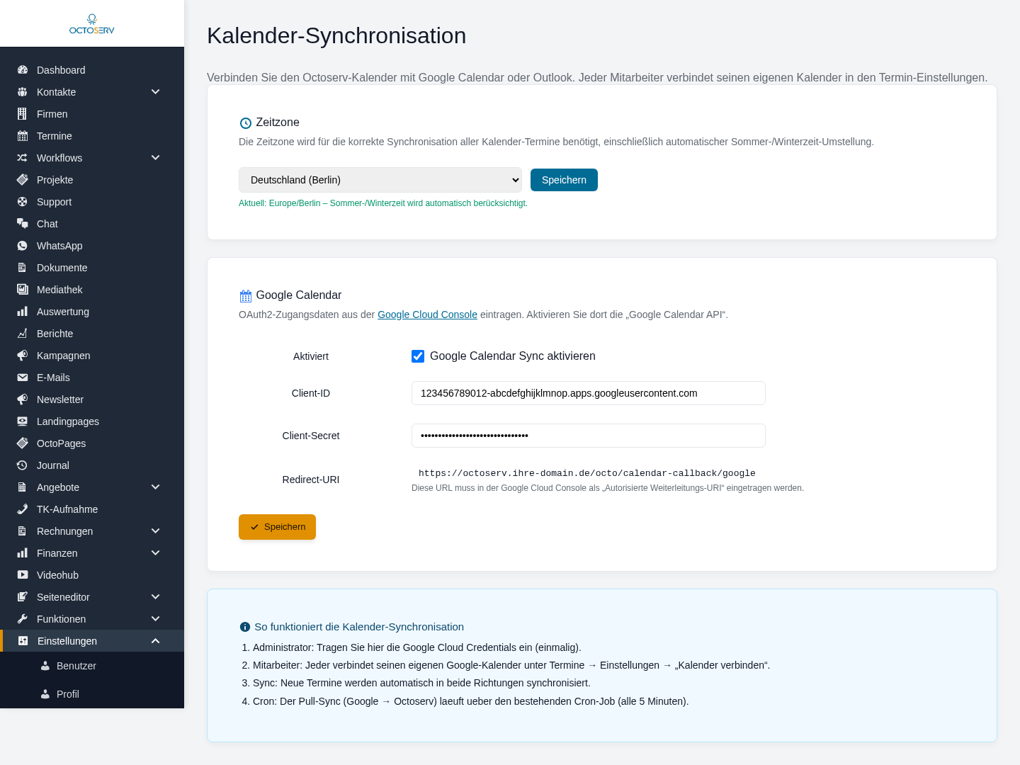 Seite Einstellungen Kalender-Sync mit Zeitzone, Google-Zugangsdaten, Redirect-URI und Ablaufbeschreibung