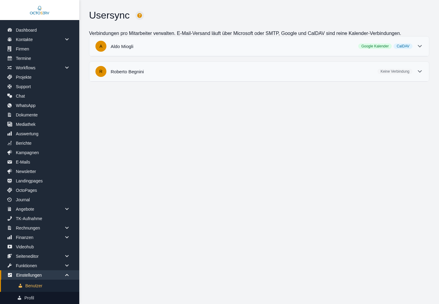 Seite Einstellungen Usersync mit einer Zeile je Mitarbeiter und den Verbindungen Google Kalender und CalDAV