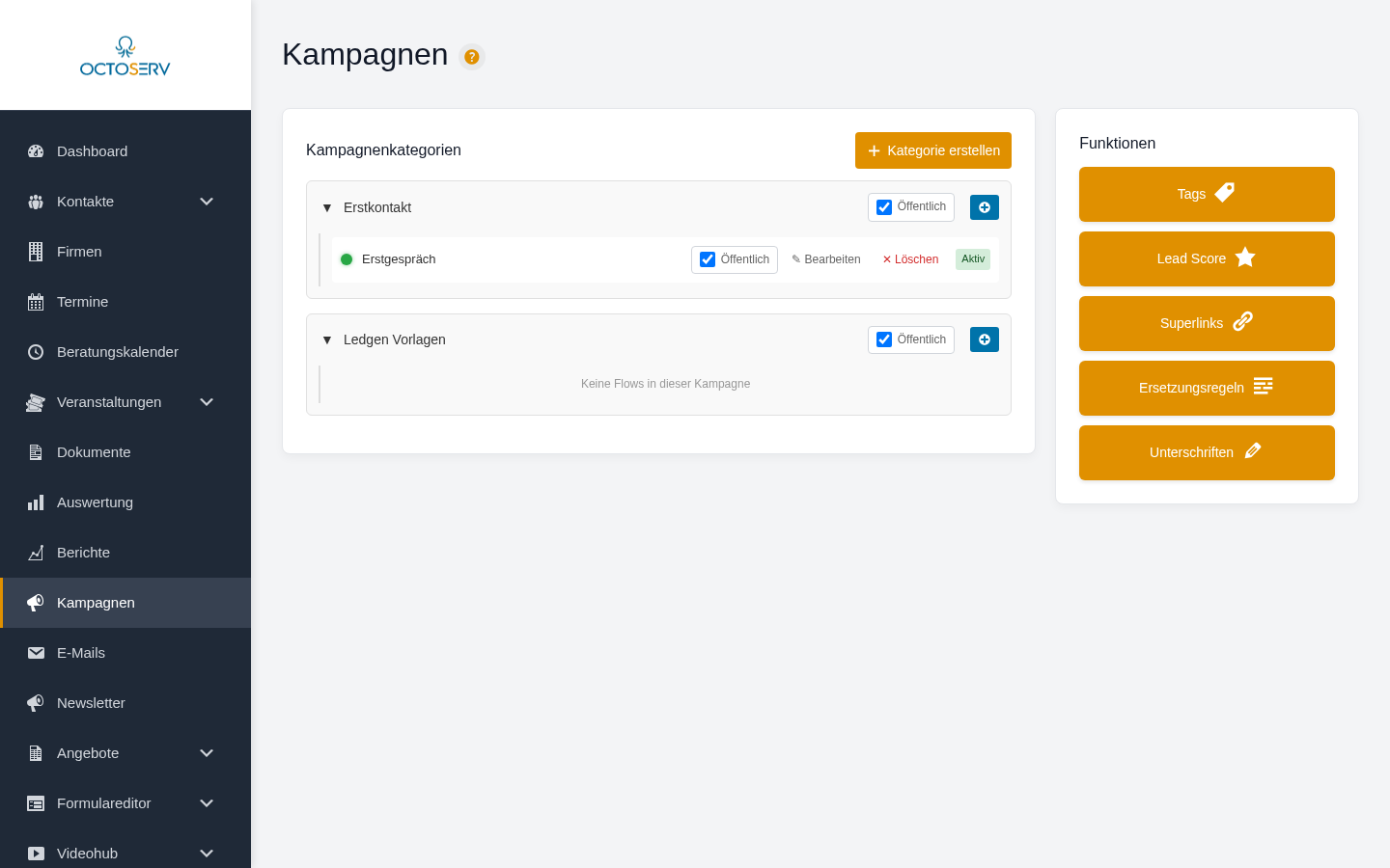 Kampagnen-Uebersicht mit Kategorienbaum und Funktions-Buttons