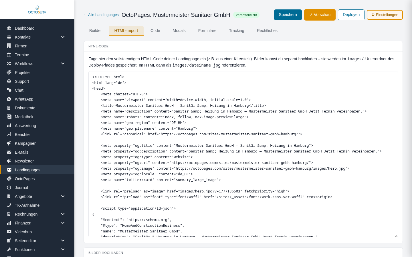 Der Landingpage-Editor mit Kopfzeile und den Reitern Builder, HTML-Import, Code, Modals, Formulare, Tracking und Rechtliches