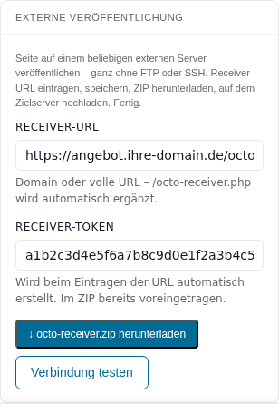 Karte Externe Ver&ouml;ffentlichung mit Receiver-URL, Receiver-Token, ZIP-Download und Verbindung testen