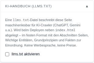 Karte KI-Handbuch mit dem Haken llms.txt aktivieren