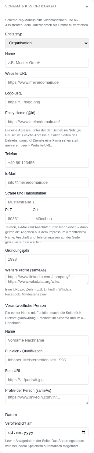 Karte Schema und KI-Sichtbarkeit mit Entit&auml;tstyp, Firmendaten, Profilen, verantwortlicher Person und Datum