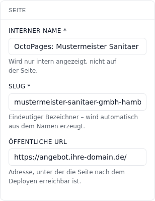 Karte Seite mit Interner Name, Slug und &Ouml;ffentliche URL