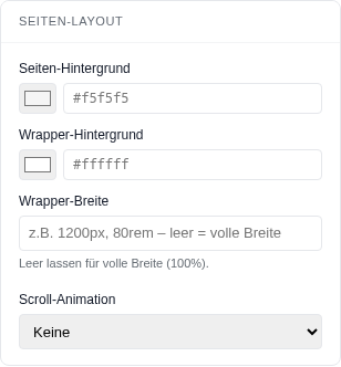 Karte Seiten-Layout mit Seiten-Hintergrund, Wrapper-Hintergrund, Wrapper-Breite und Scroll-Animation