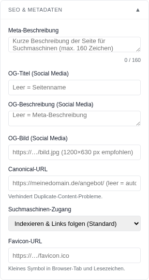 Karte SEO und Metadaten mit Meta-Beschreibung, OG-Feldern, Canonical-URL, Suchmaschinen-Zugang und Favicon
