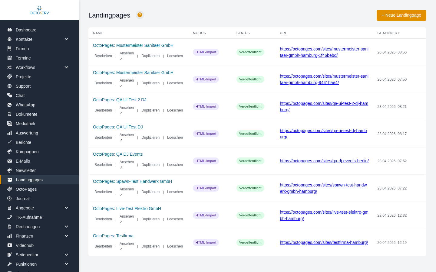 Liste der Landingpages mit Status, Modus und den Kn&ouml;pfen Bearbeiten und Duplizieren