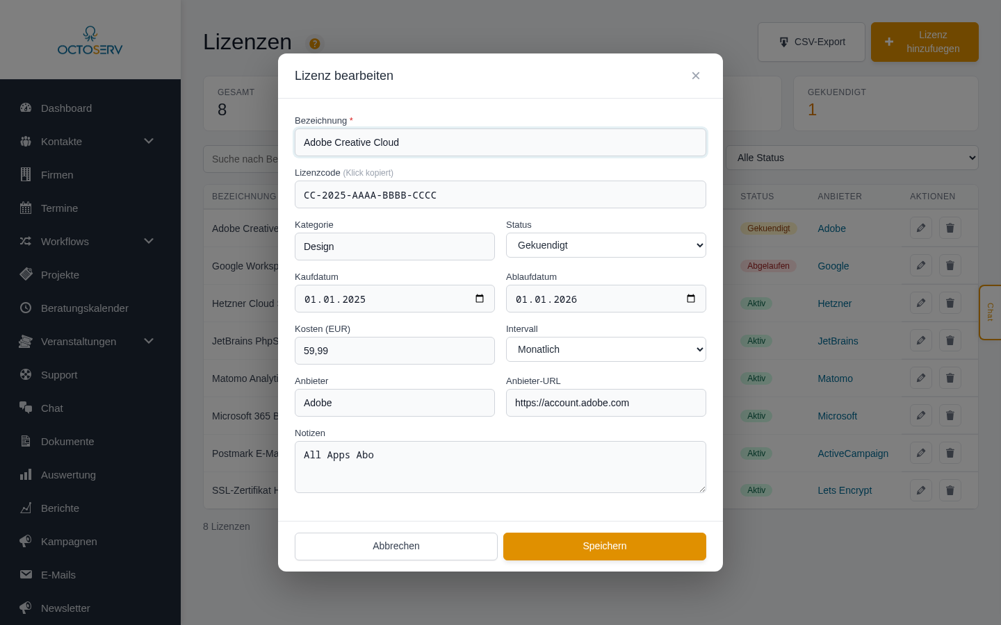 Modal-Dialog zum Bearbeiten einer Lizenz