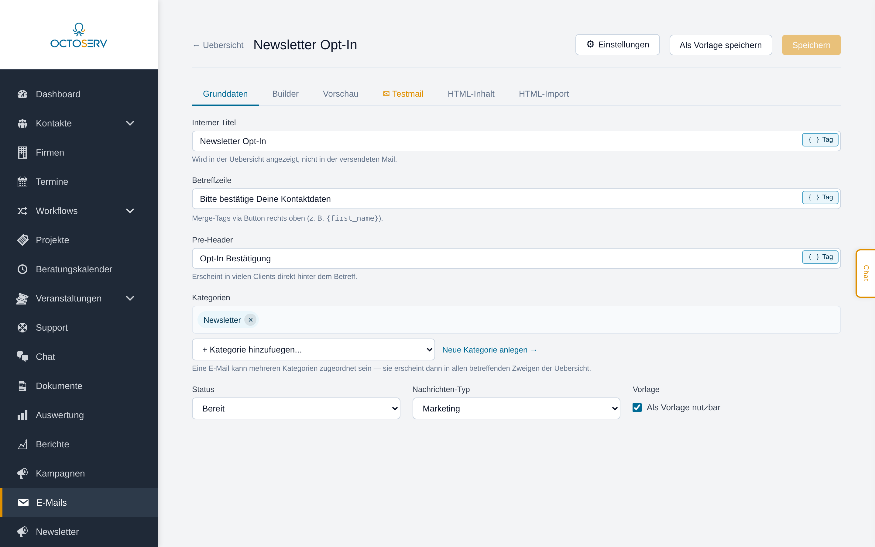 E-Mail-Editor: Opt-In Grunddaten