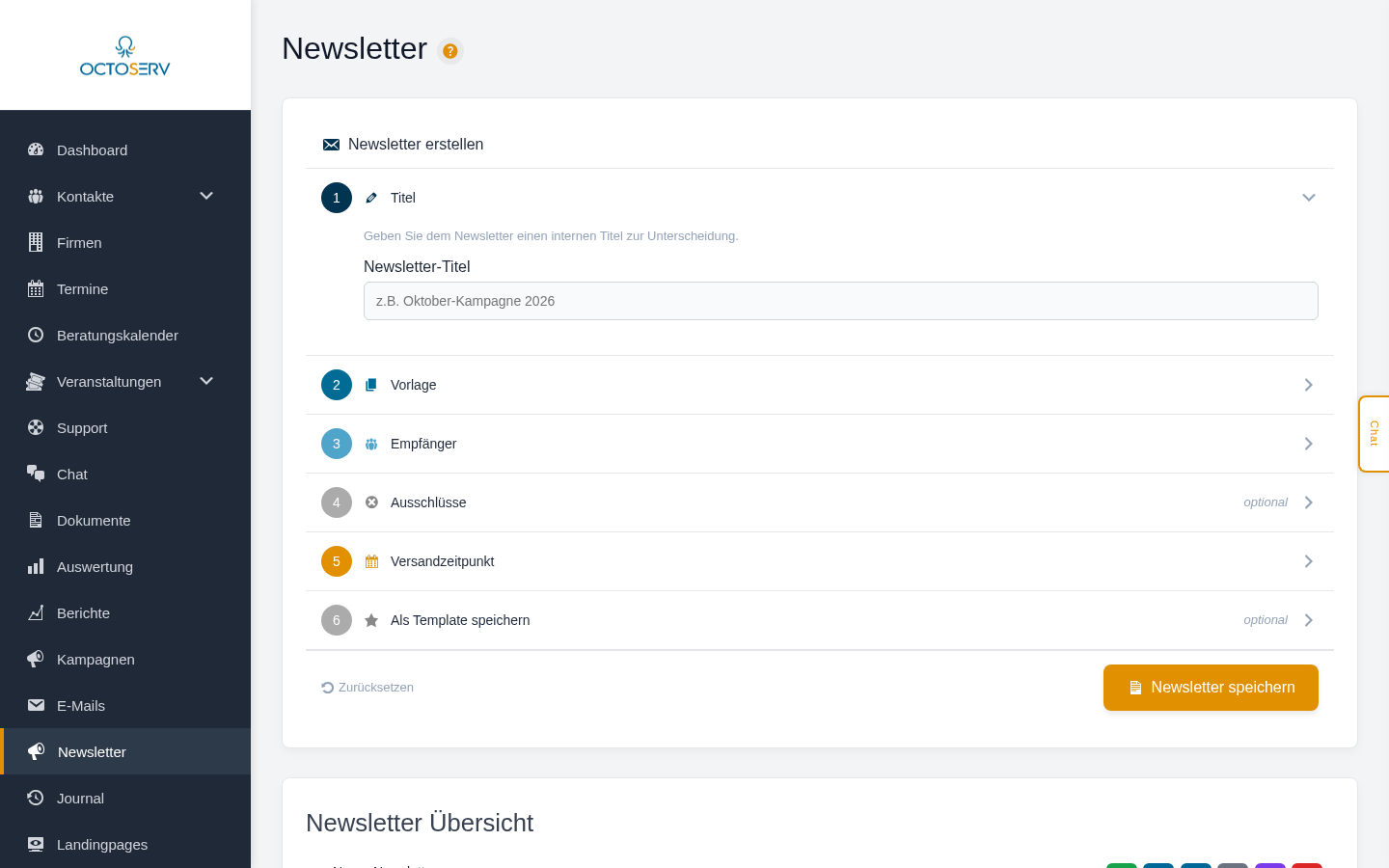 Newsletter-Seite mit Akkordeon-Einstellungen und &Uuml;bersichtsliste
