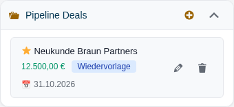 Box Pipeline Deals mit einem Deal: Stern f&uuml;r prim&auml;r, Wert, Statuslevel, Abschlussdatum, Stift und Papierkorb