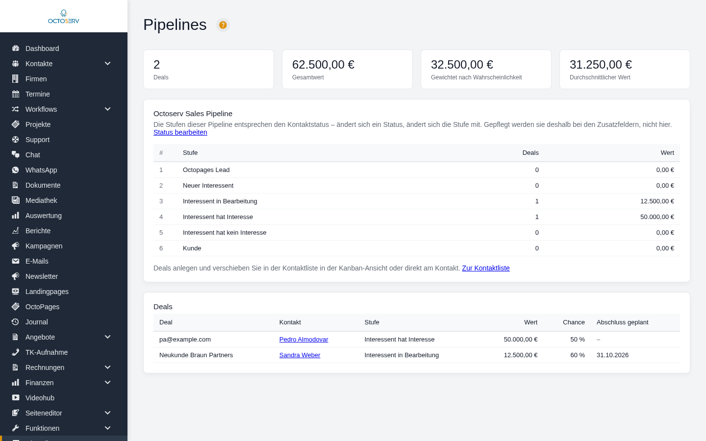 Seite Einstellungen Pipelines mit Kennzahlen, Stufentabelle und Deal-Liste