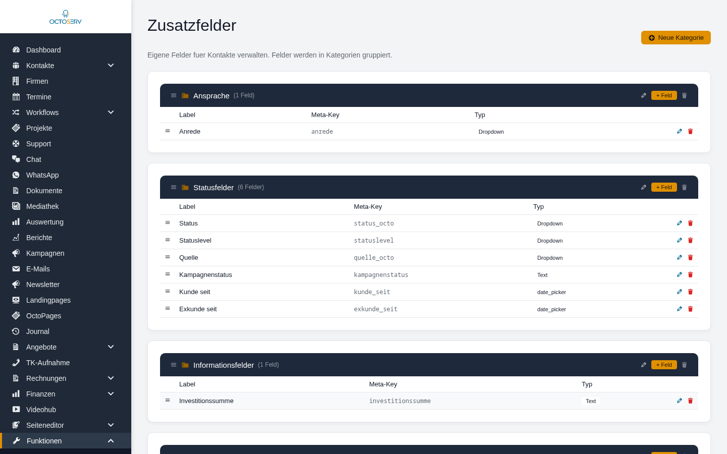Seite Funktionen Zusatzfelder mit dem Feld Status