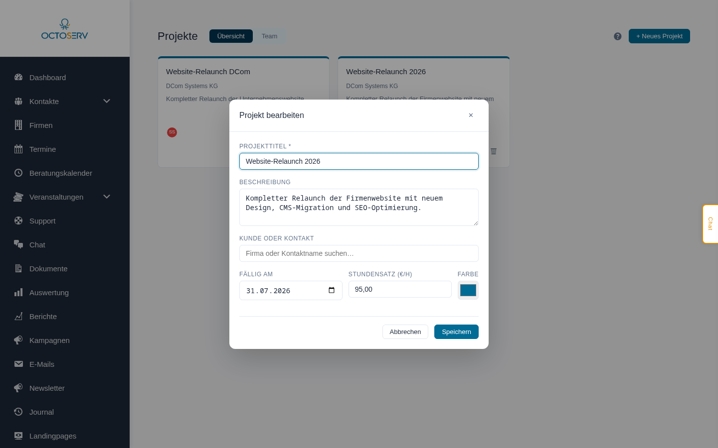 Projekt-Bearbeiten-Modal mit allen Feldern
