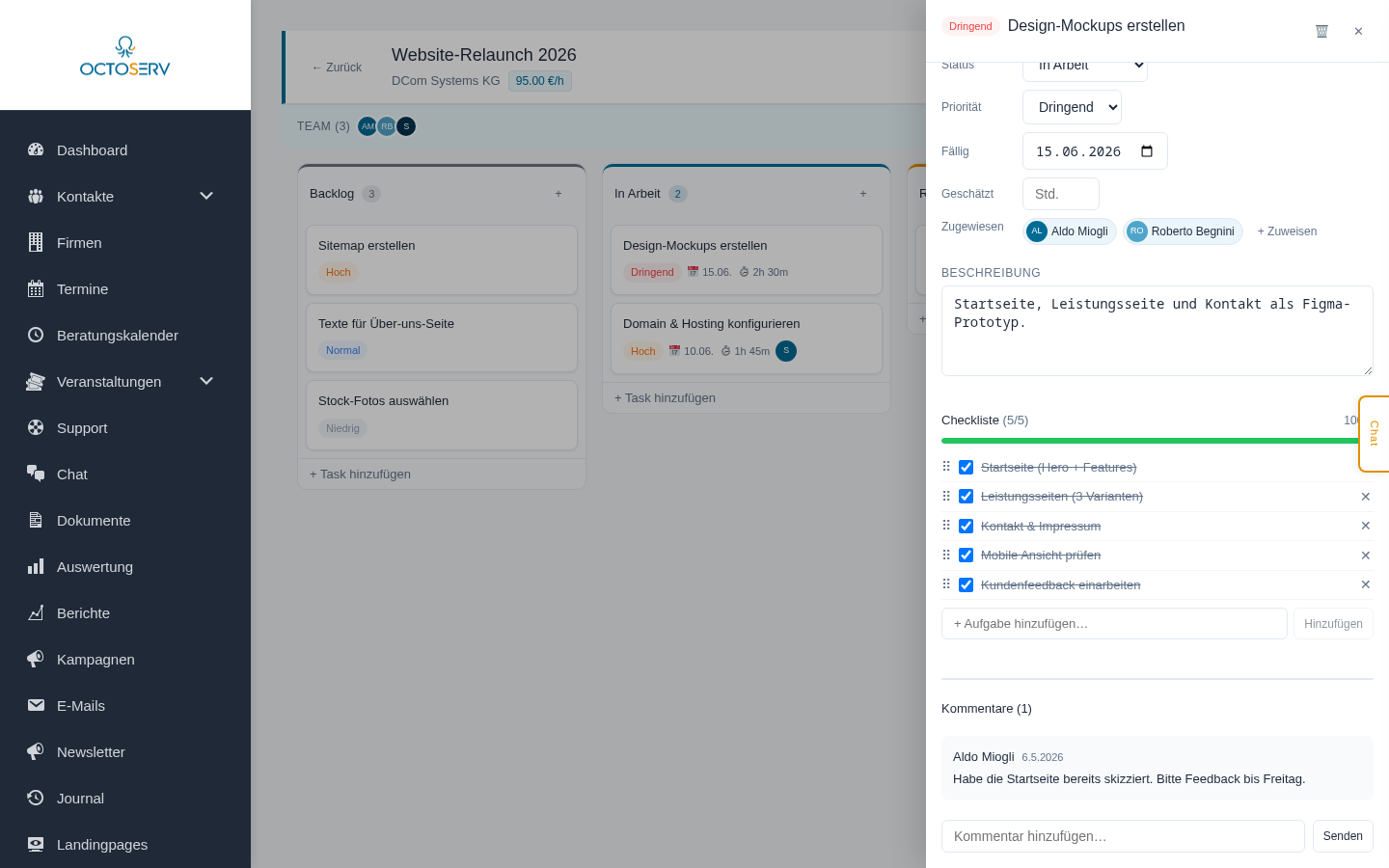 Task-Detail mit Checkliste, Fortschrittsbalken und Kommentaren