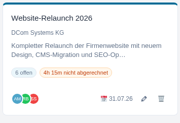 Projektkarte mit Bearbeiten- und L&ouml;schen-Icon im Footer