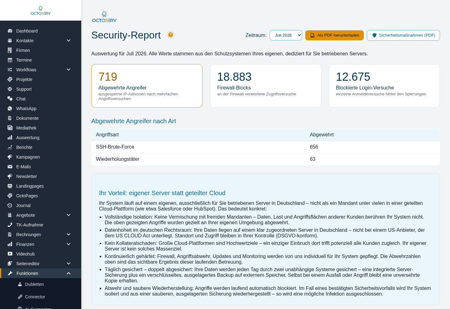 Security-Report mit Monatsauswahl, drei Kennzahlen, Tabelle der Angriffsarten und Erkl&auml;rungskasten