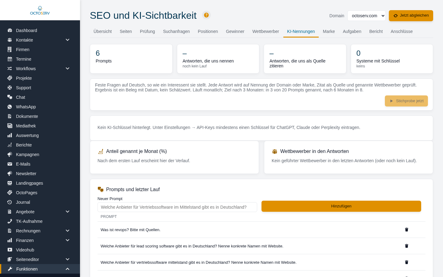 Reiter KI-Nennungen mit Prompt-Liste und Spalten je System