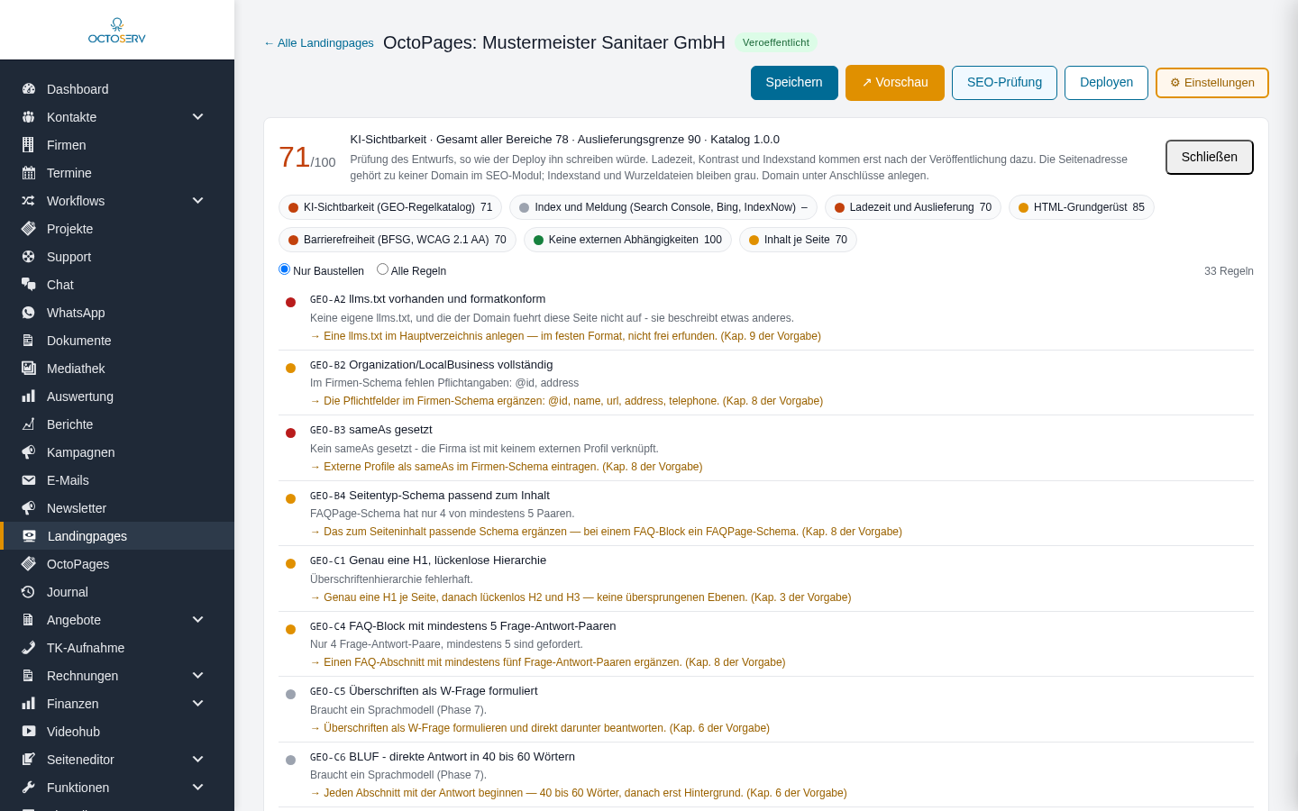 Landingpage-Editor mit ge&ouml;ffnetem SEO-Pr&uuml;fbericht: Punktwert, Bereiche, Regeln mit Ampel und Verbesserungstext