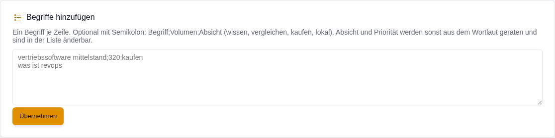 Eingabefeld f&uuml;r mehrere Begriffe, ein Begriff je Zeile