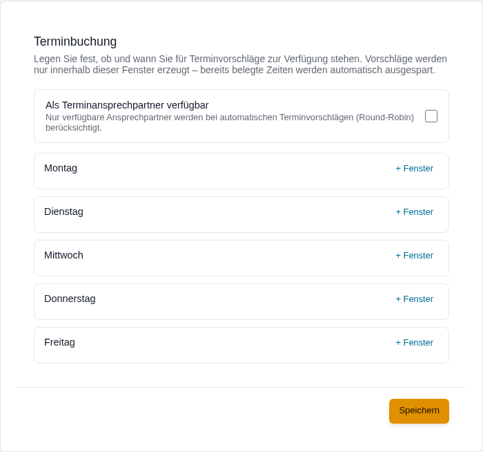 Abschnitt Terminbuchung im Profil mit dem Haken Als Terminansprechpartner verf&uuml;gbar und den Wochentagen