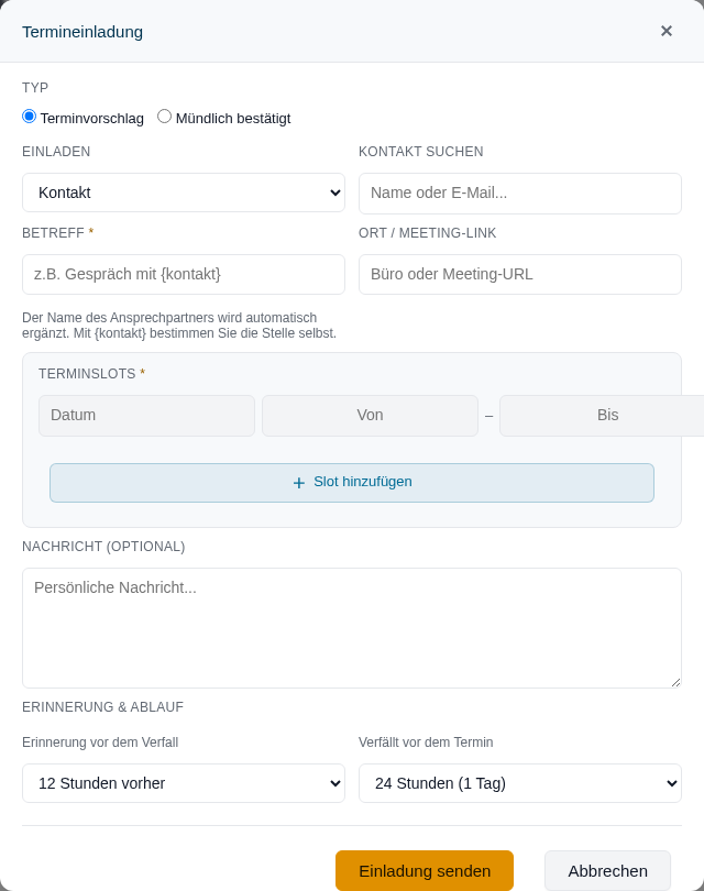Dialog Termineinladung mit den Feldern Typ, Einladen, Kontakt suchen, Betreff, Ort, Terminslots, Nachricht, Erinnerung und Ablauf