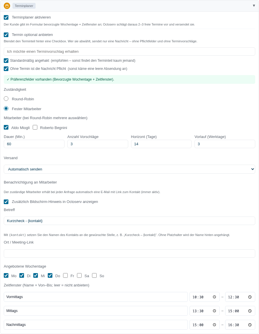 Abschnitt Terminplaner im Formulareditor mit allen Einstellungen