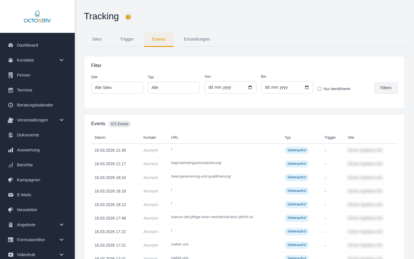 Events-Tab mit Filtern und paginierten Tracking-Events